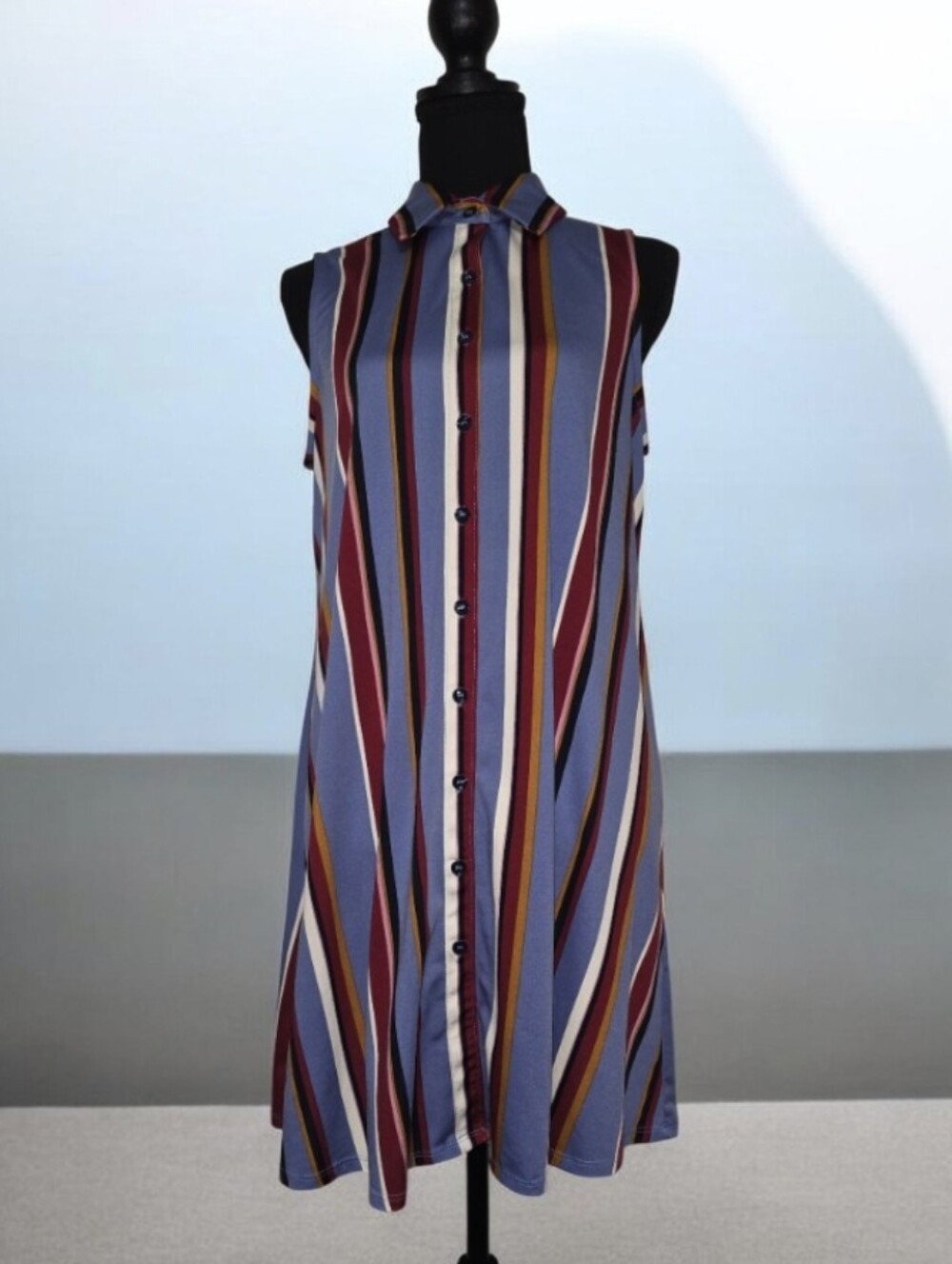 Emma And Michele Sleeveless Multicolor Striped Button-Front Dress - Blue/Maroon